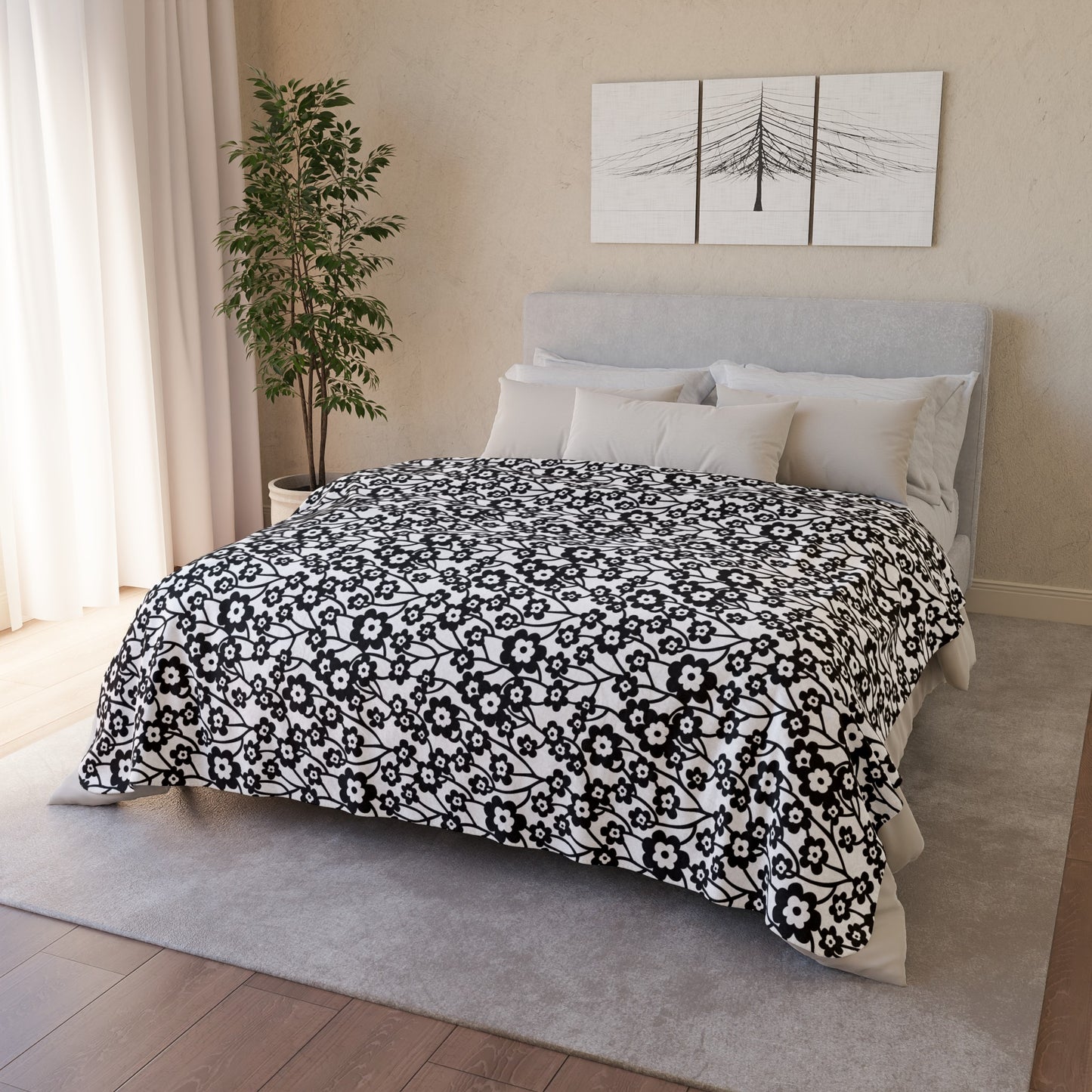 "Black Flora" series - Fleece Sherpa Blanket No1